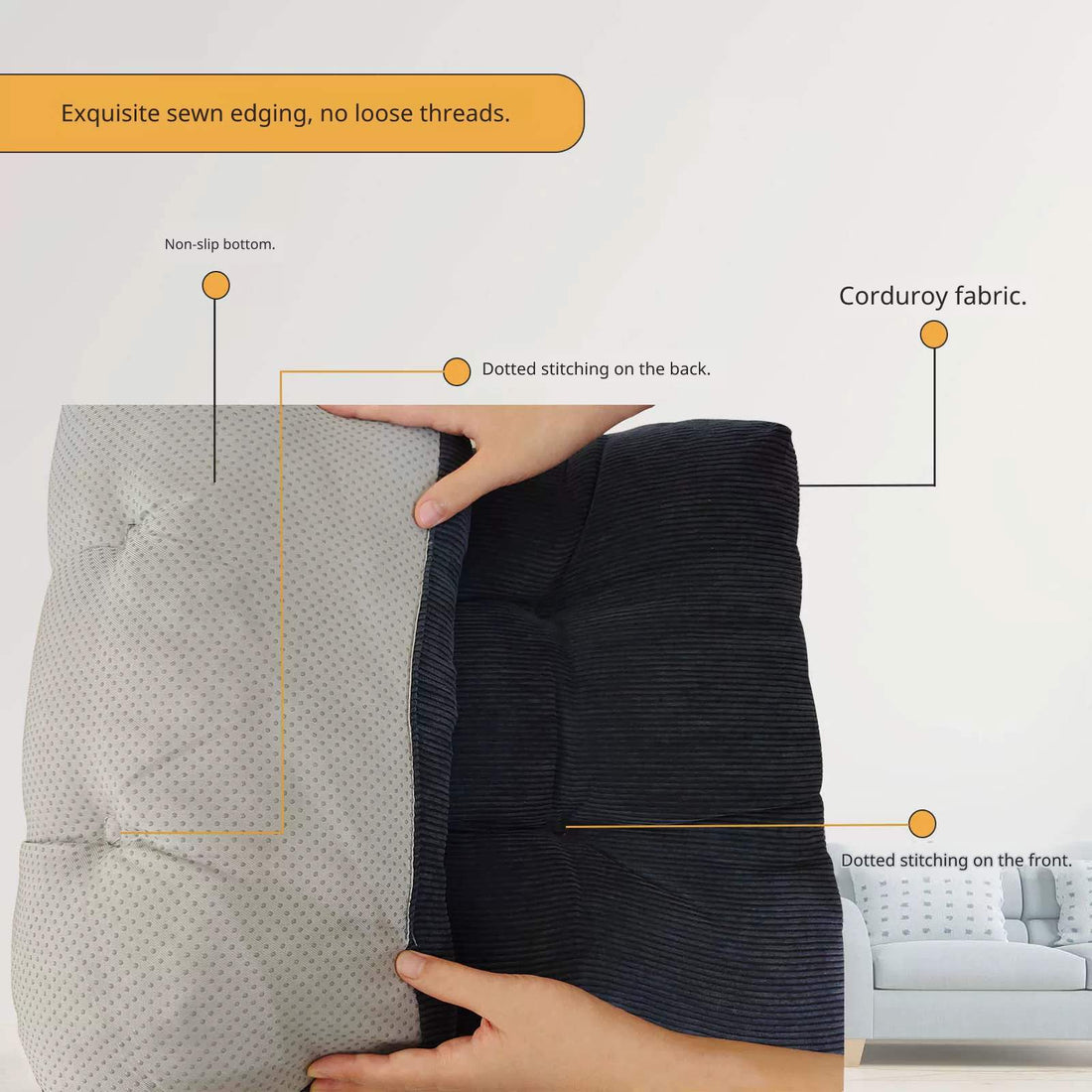 Cross-section view of seat cushion highlighting anti-slip bottom, corduroy fabric, and stitching.