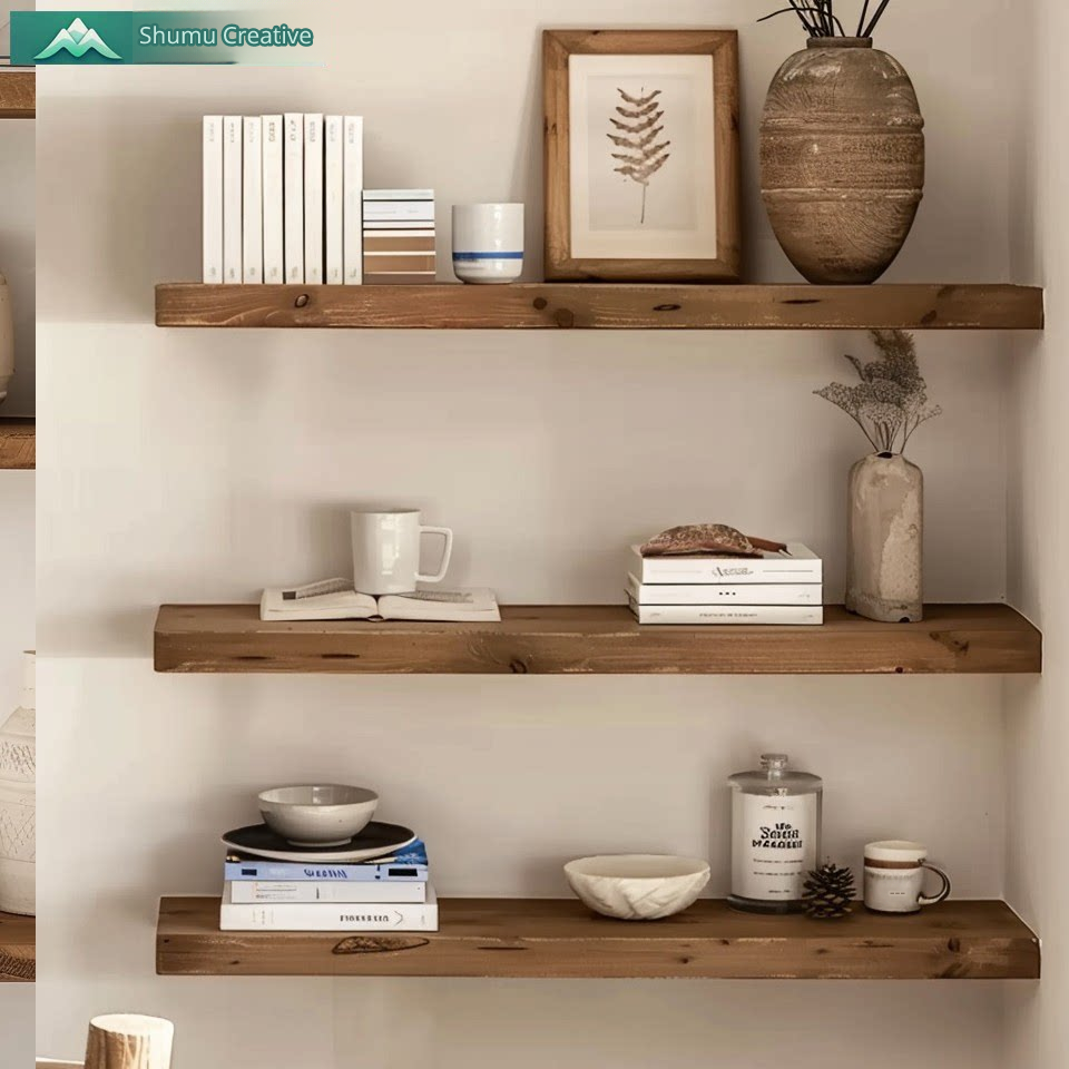 Three rustic wood floating shelves decorated with neutral ceramic vessels, books, and a framed leaf print.