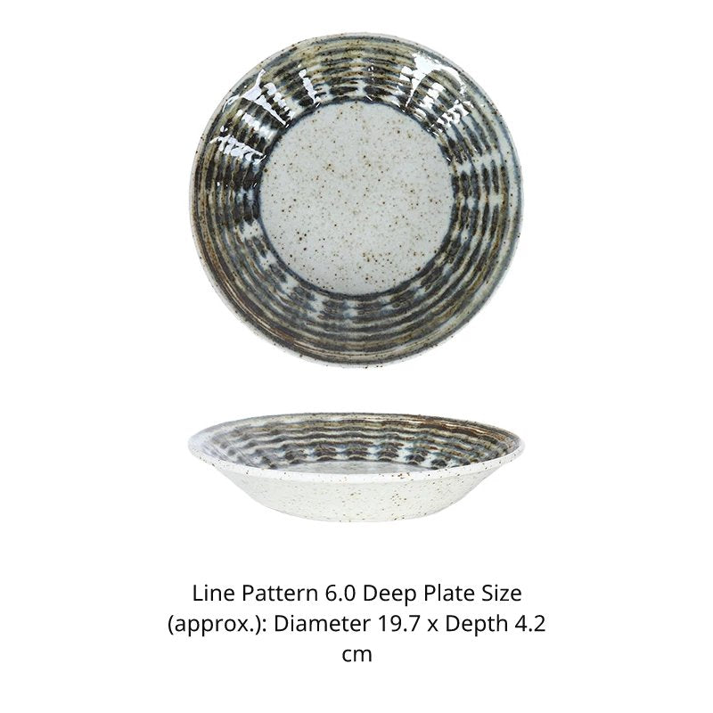 Close-up of the Sen-Suji 6.0 deep bowl (19.7cm) showing speckled glaze and wide, concentric, textured rim pattern.
