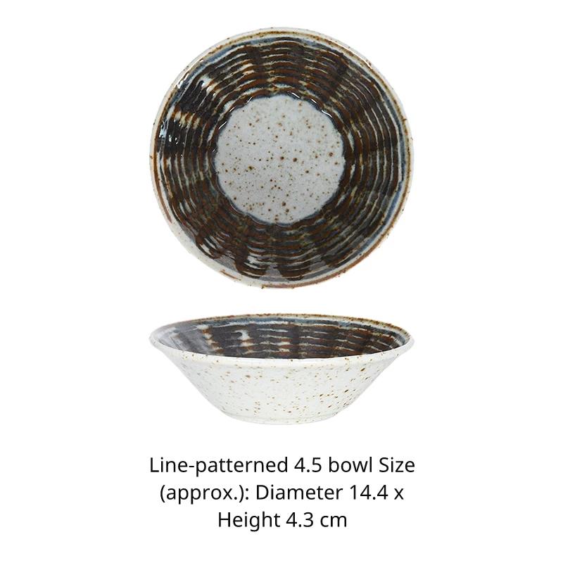 Overhead and side view of the Sen-Suji 4.5 small bowl (14.4cm) with a pronounced, textured dark brown rim pattern.