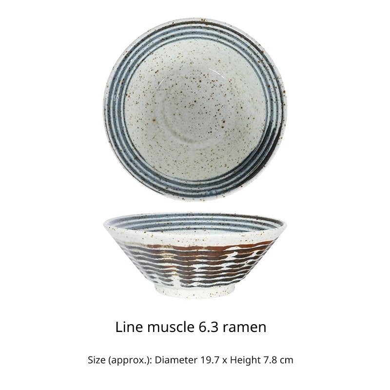Overhead and side view of the Sen-Suji 6.3 ramen bowl (19.7cm) showing deep sides and prominent stacked line pattern.