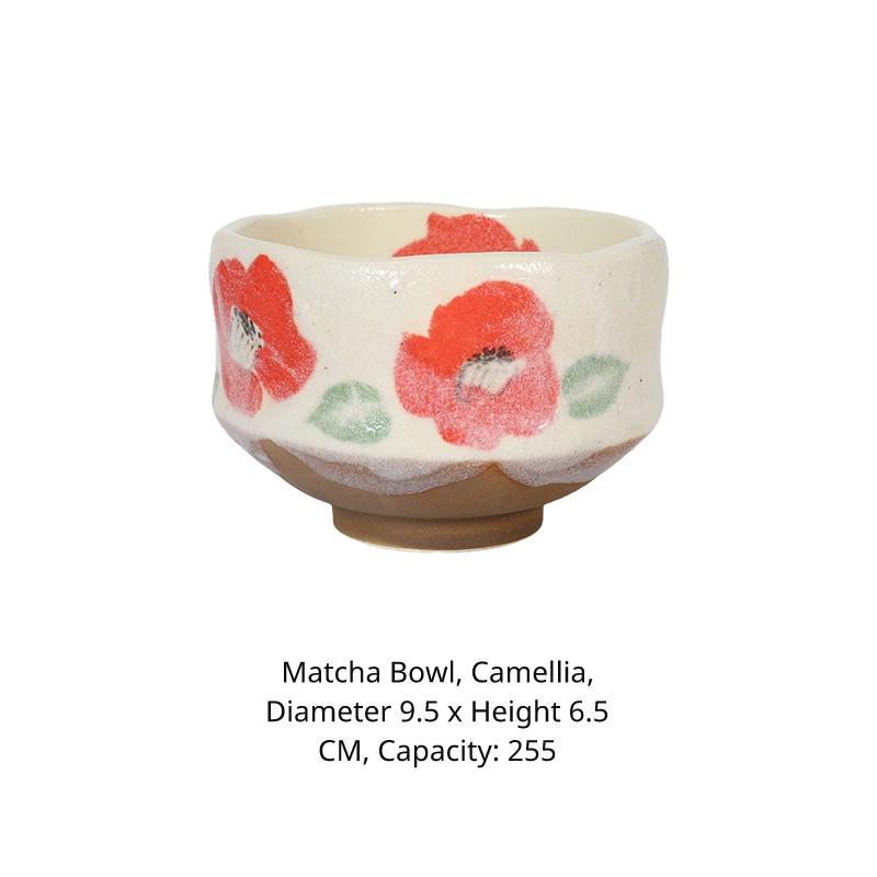 Matcha bowl with red poppy flowers, labeled '抹茶椀 椿' (Matcha Bowl Tsubaki).