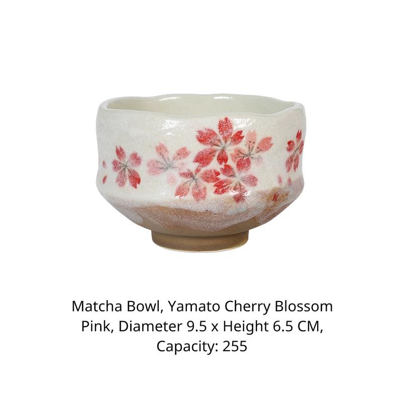 Matcha bowl with pink cherry blossoms, labeled '抹茶椀 大和桜ピンク' (Matcha Bowl Yamato Sakura Pink).