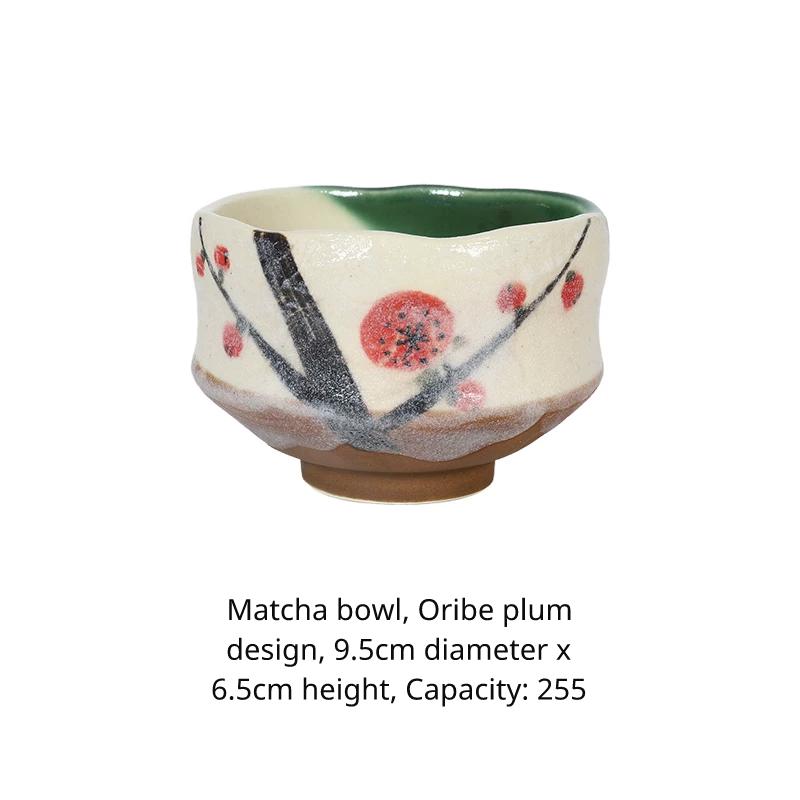Matcha bowl with plum blossoms, labeled '抹茶椀 織部 梅' (Matcha Bowl Oribe Ume).