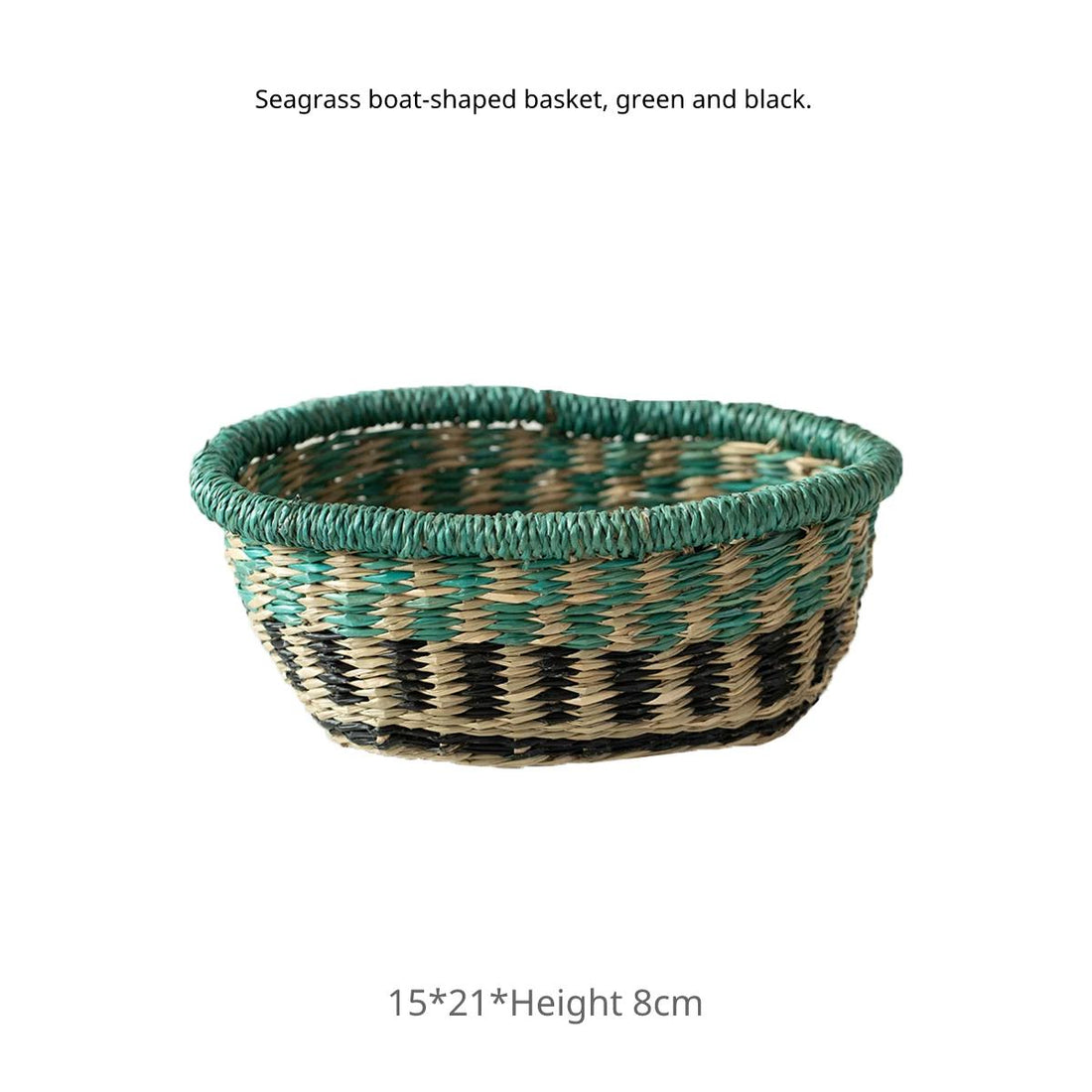 Seagrass boat-shaped small basket in a green-black pattern, dimensions 15x21x8cm.
