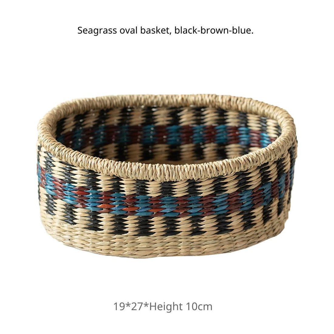 Round seagrass basket in blue, black, and natural beige pattern, dimensions 19x27x10cm.