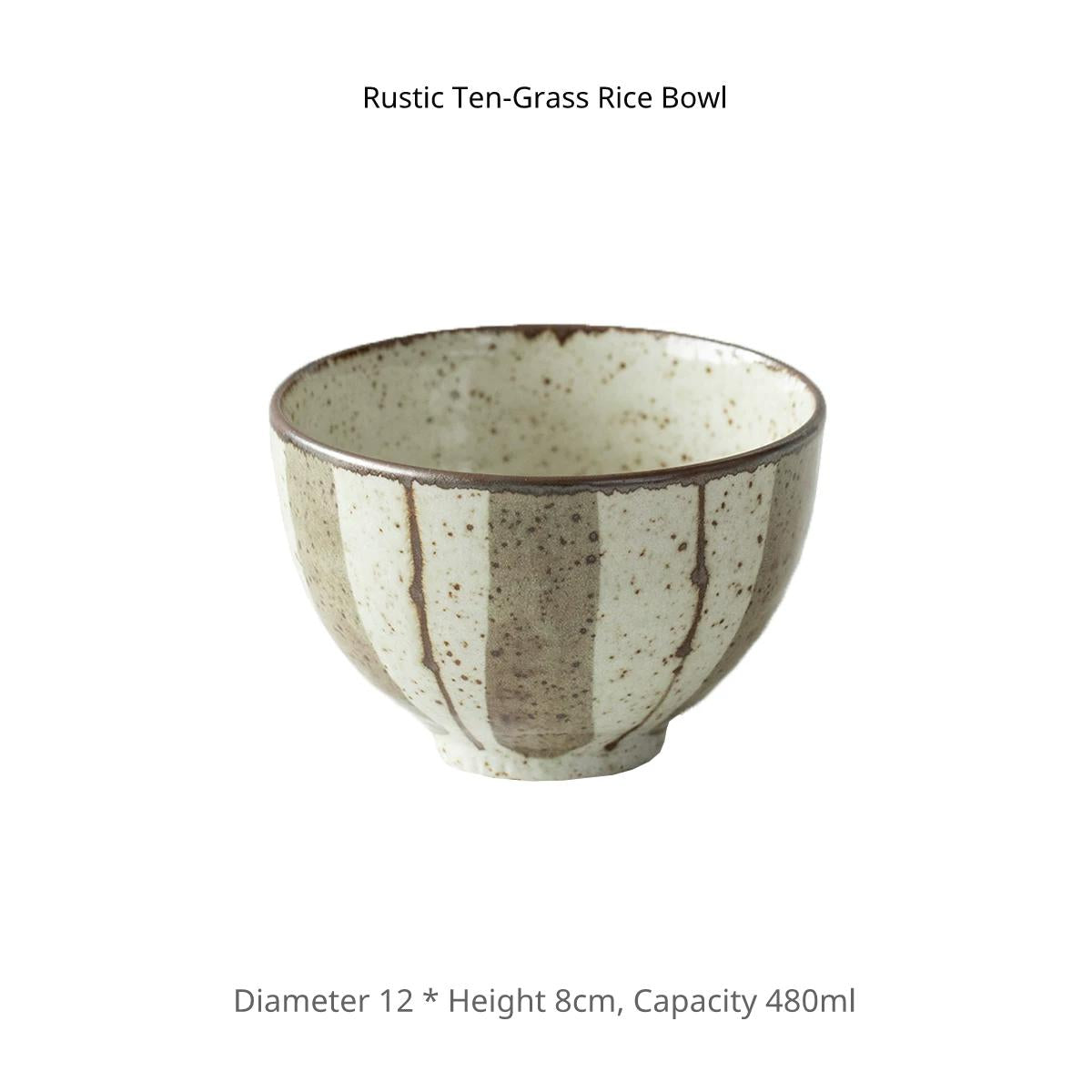 Single ceramic rice bowl with vertical speckle pattern in cream and brown glaze, studio shot.