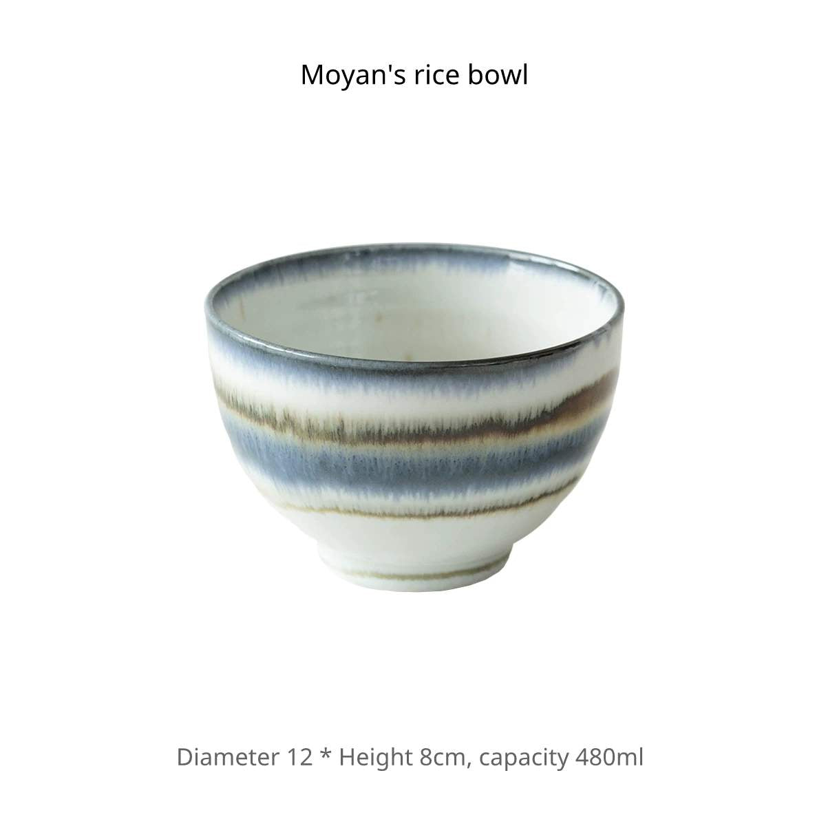 Single ceramic rice bowl with horizontal bands of white, blue, and brown glaze, studio shot.