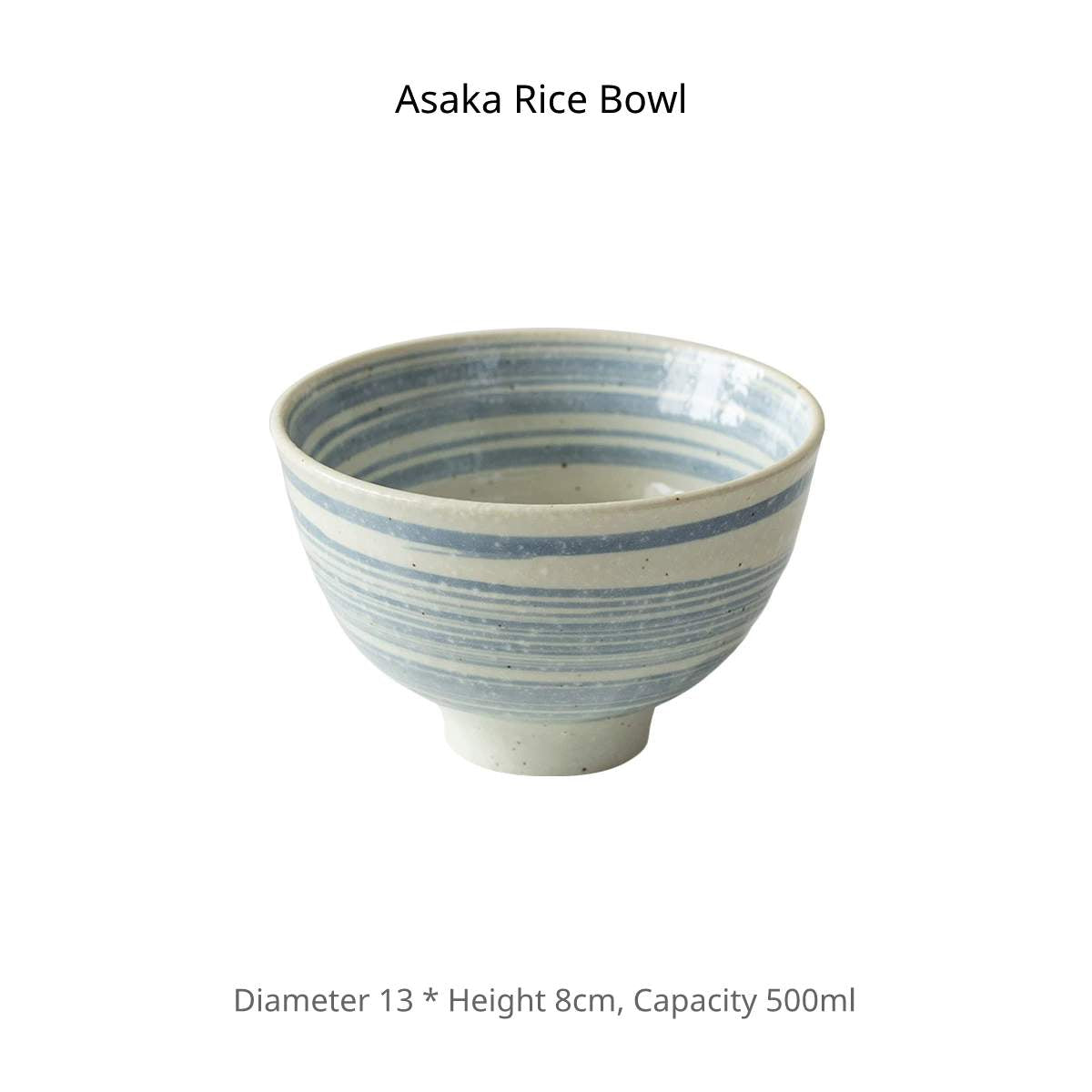 Single ceramic rice bowl featuring fine, tight horizontal blue stripes on a white body, studio shot.