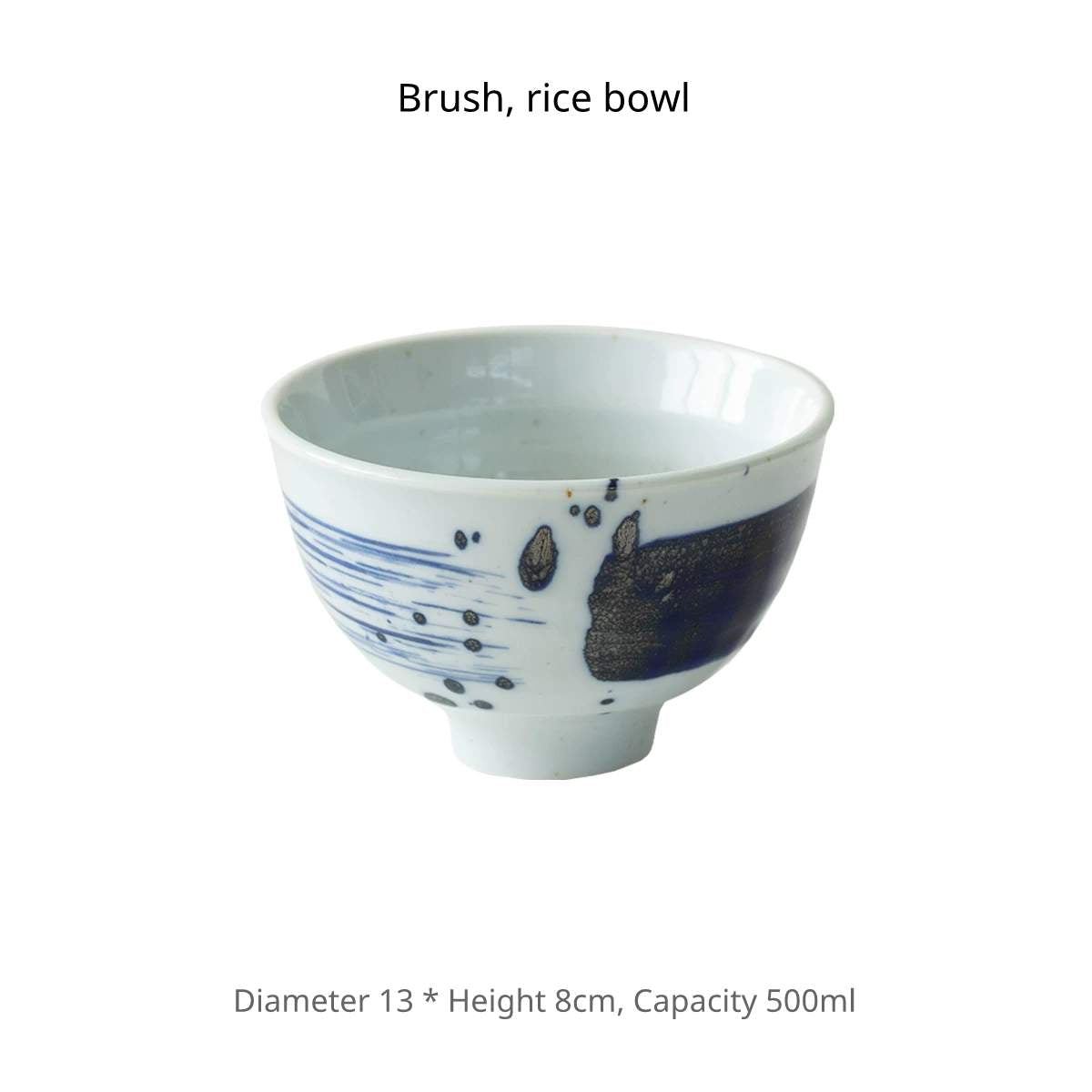 Single ceramic rice bowl filled with water showing dynamic blue brushstrokes and abstract dark markings.