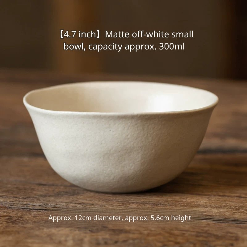 Detailed view of a 4.7-inch white rice bowl (300ml capacity) with dimensions shown (12cm diameter, 5.6cm high).