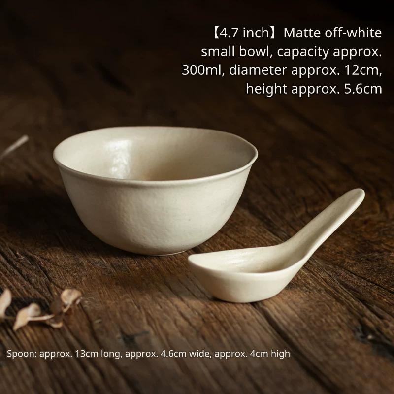 Small white ceramic bowl next to a matching spoon with dimensions (13cm length, 4.6cm width, 4cm height).
