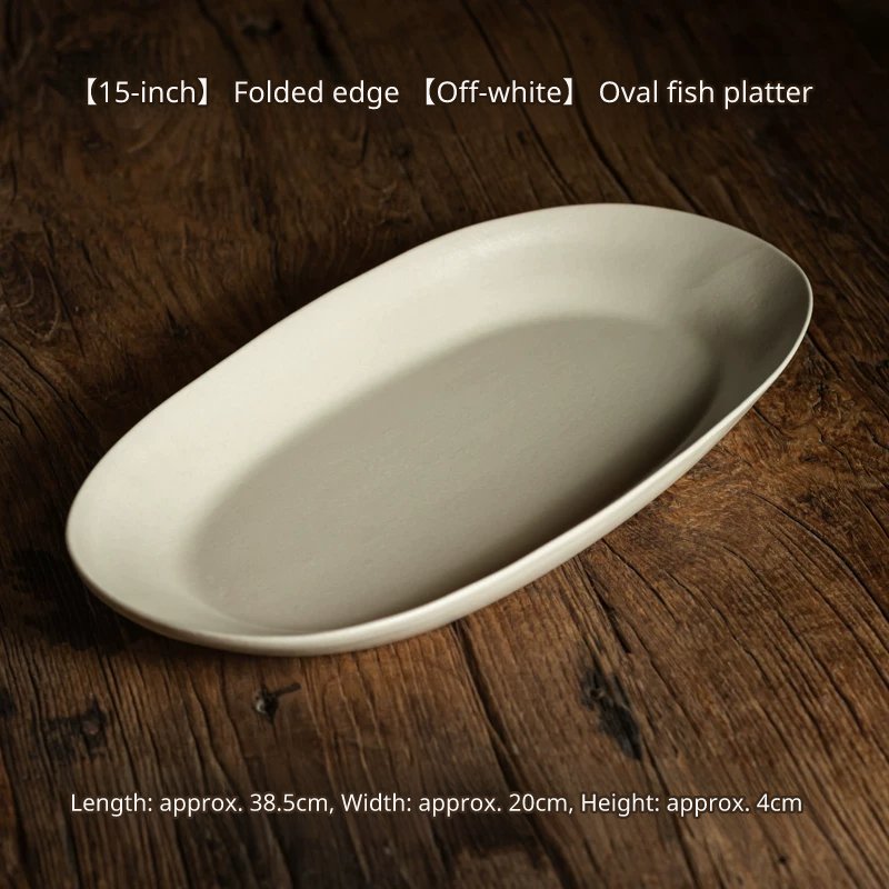 15 inch folded rim rice white oval large fish platter, 38.5cm long, 20cm wide, 4cm high.