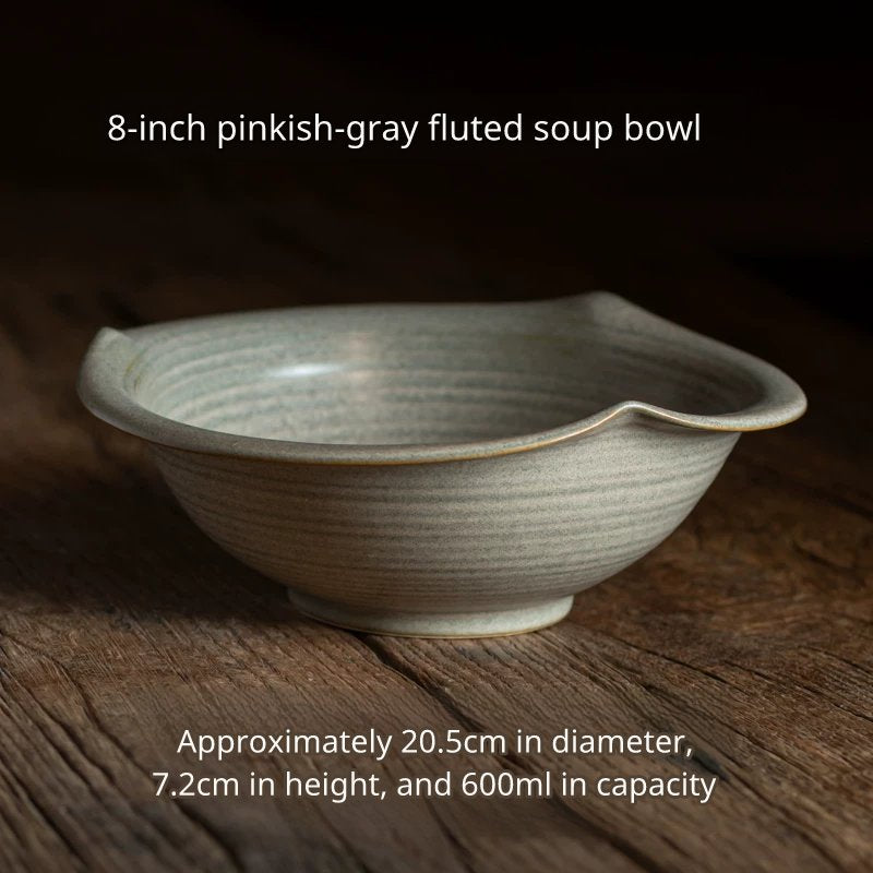 Large 8-inch light grey ceramic soup/noodle bowl with a distinct, wavy, angular rim.