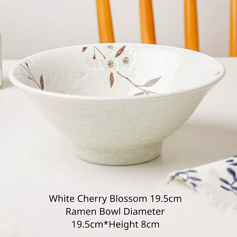 Very large white ceramic ramen bowl with brown cherry blossom pattern, Chinese text describing size.
