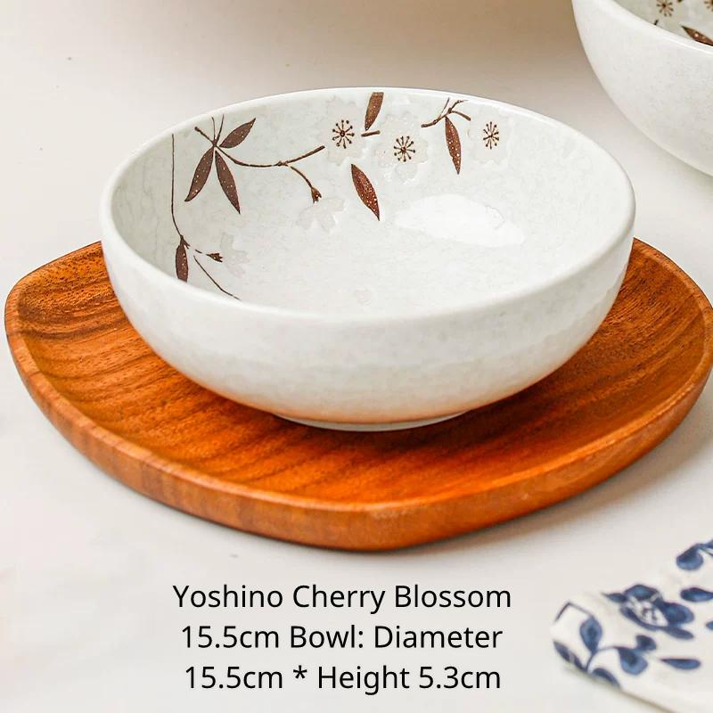 White cherry blossom 15.5cm small bowl on a wooden coaster. Diameter 15.5cm, height 5.3cm.