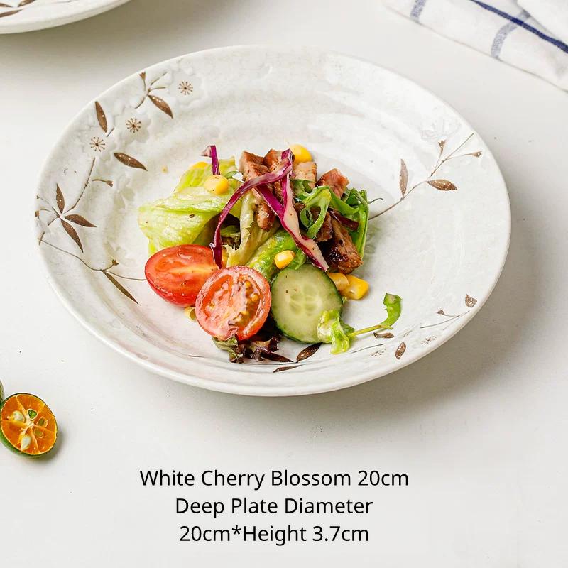 White cherry blossom 20cm deep plate with fresh salad. Diameter 20cm, height 3.7cm.