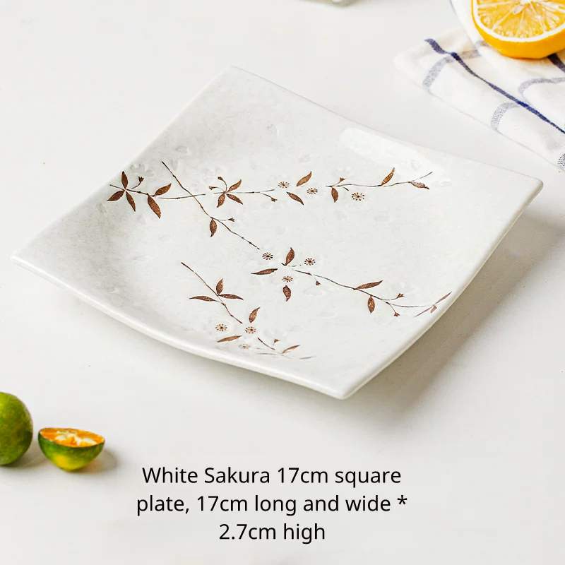 White cherry blossom 17cm square plate with a light brown pattern. 17cm length/width, height 2.7cm.
