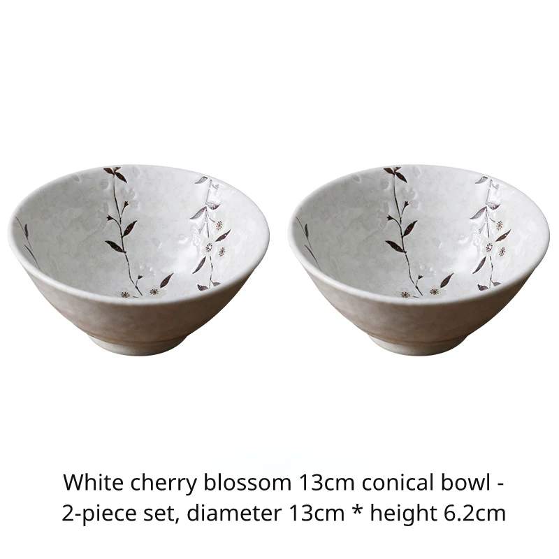 Two white ceramic bowls with brown cherry blossom pattern, 13cm diameter.
