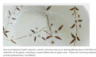 Close-up on white ceramic surface showing uneven brown cherry blossom glazing and texture.