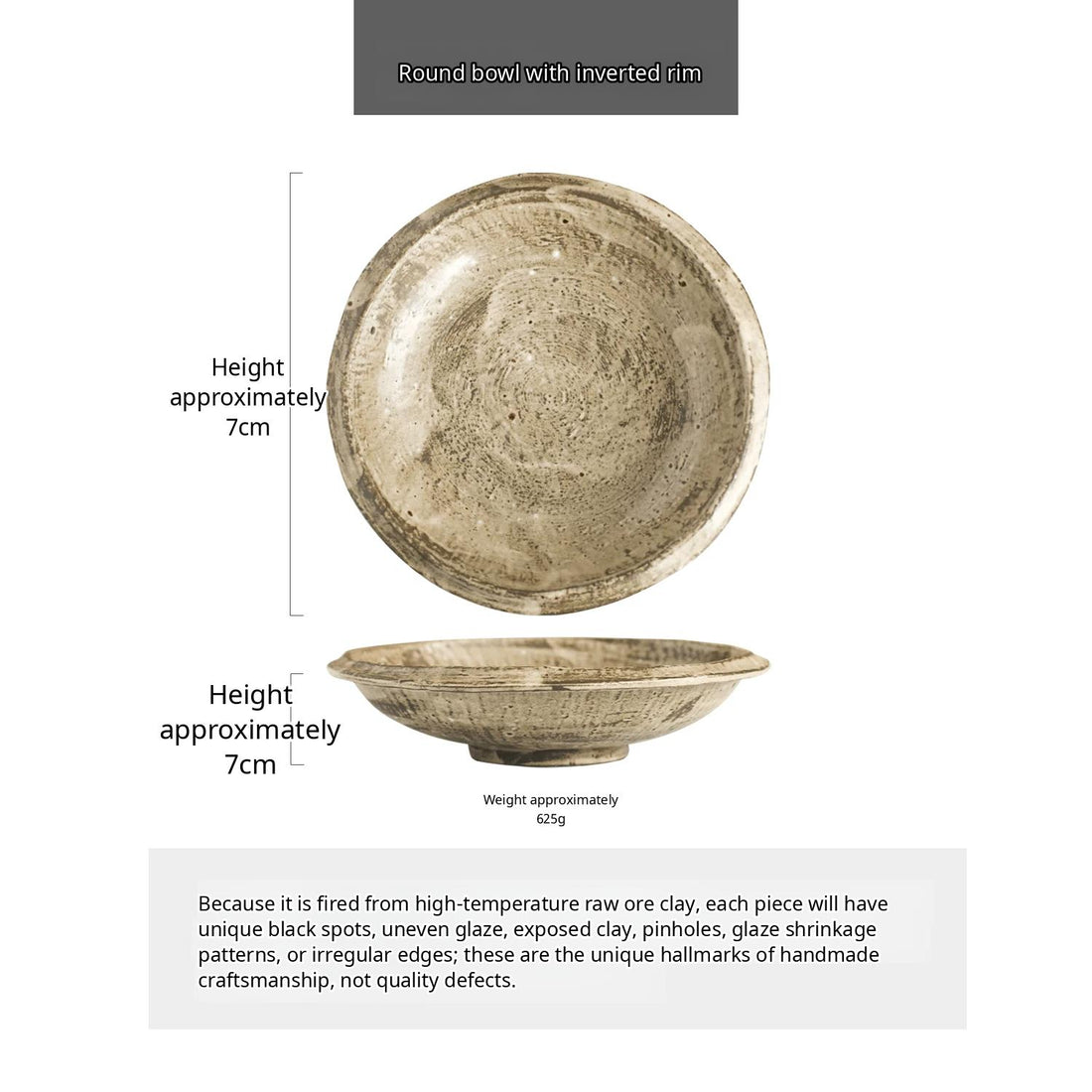 A set of dark, textured coarse pottery tableware including bowls and plates with irregular rims.