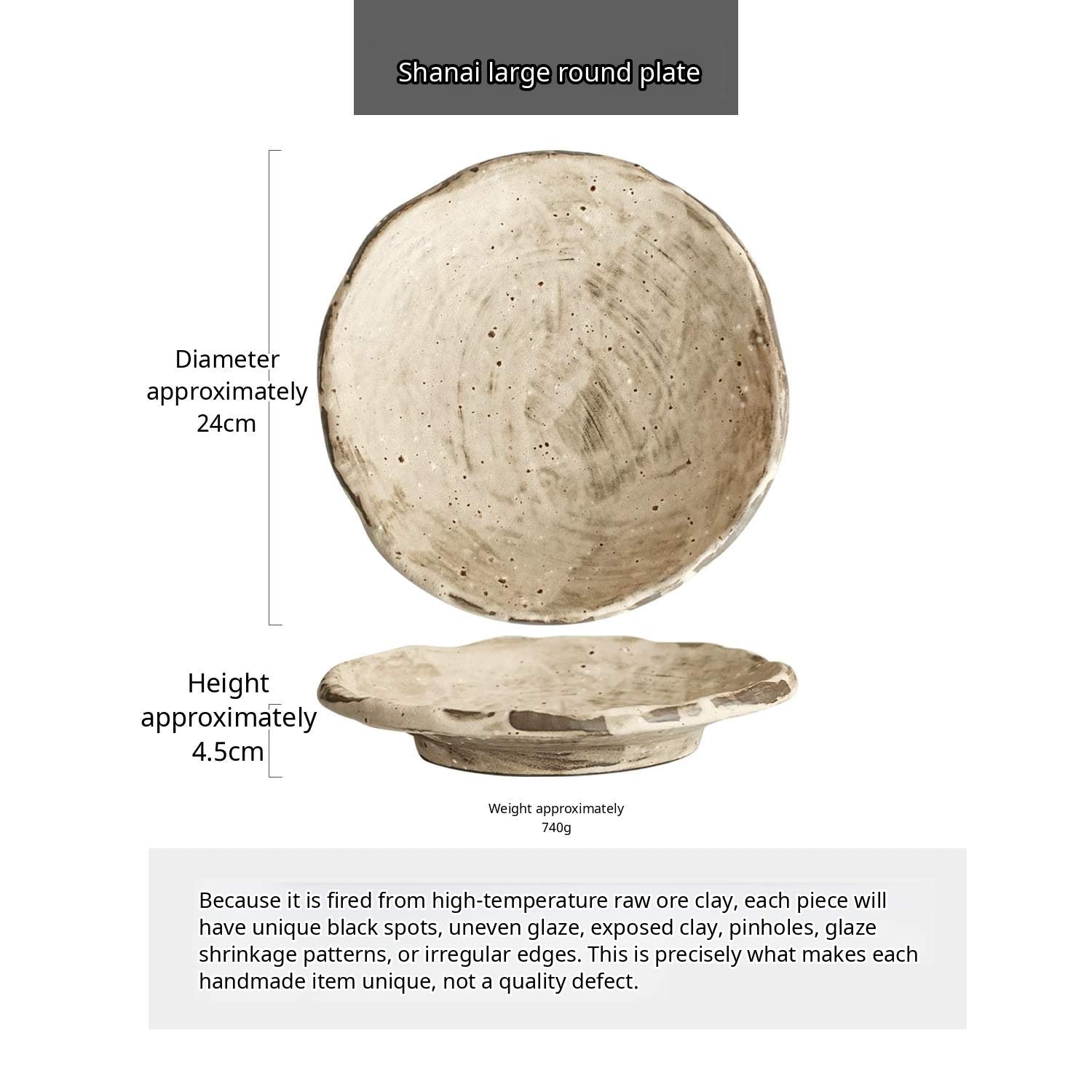 A set of rustic coarse pottery tableware with mottled textures and irregular rims against a dark background.
