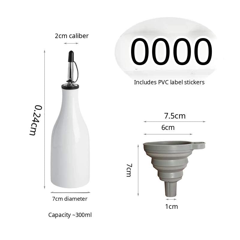 A minimalist ceramic oil dispenser bottle with a dark pour spout, set against a plain backdrop.
