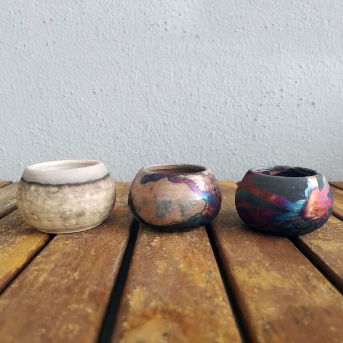 Tsuchi Ceramic Raku Pottery Planter Pots: Mixed finish set of 3 by RAAQUU.