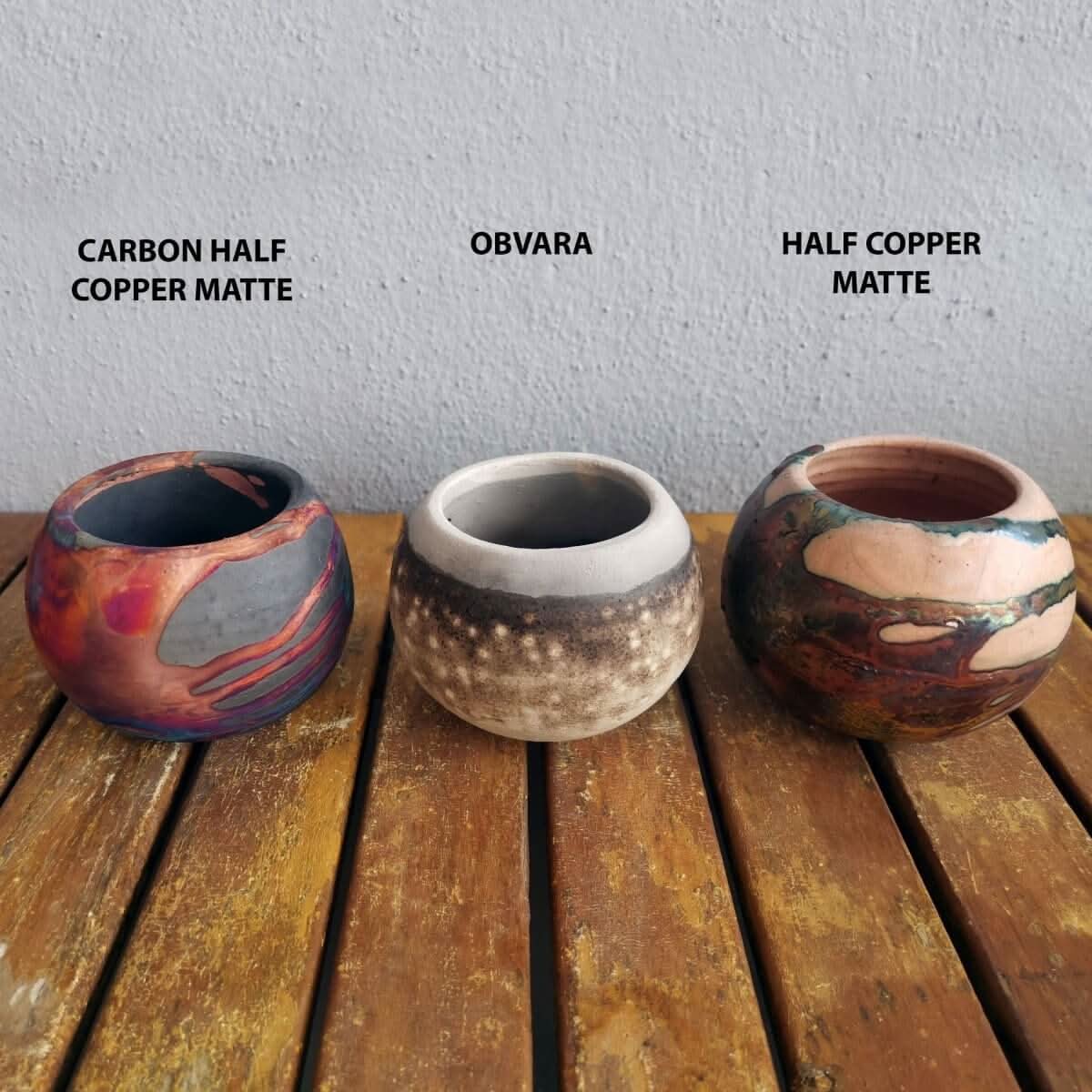Tsuchi Ceramic Raku Pottery Planter Pots (Set of 3) in mixed finishes: Carbon Half Copper Matte, Obvara, Half Copper Matte.