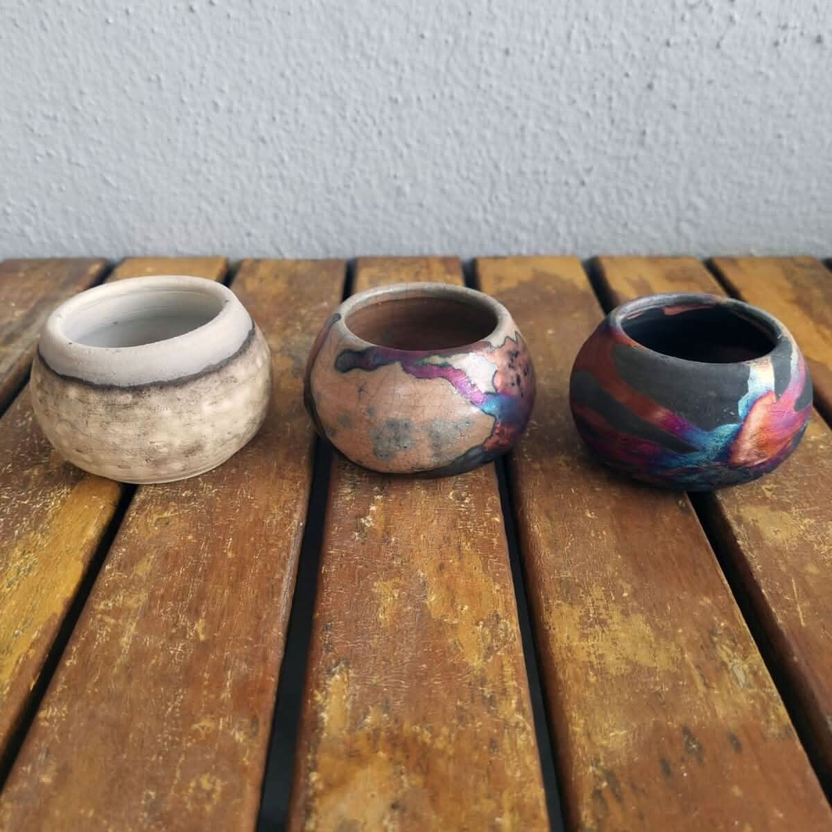 Tsuchi Ceramic Raku Pottery Planter Pot Mixed Finish Set of 3 by RAAQUU, earthy tones and iridescent glaze.