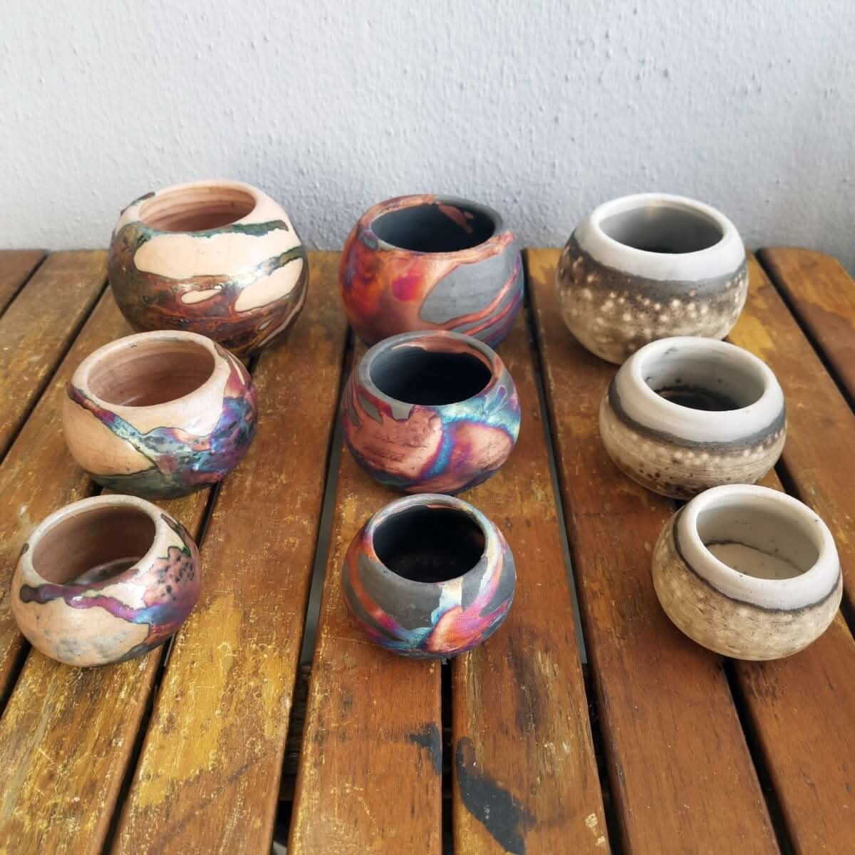 RAAQUU Tsuchi Ceramic Raku Pottery Planter Pots Mixed Finish Set of 3 on wooden table