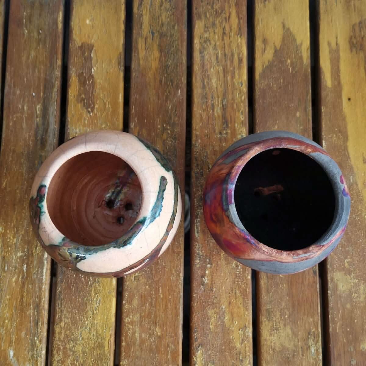 RAAQUU Tsuchi Ceramic Raku Pottery Planter Pots, Set of 2, mixed finish, on wooden planks