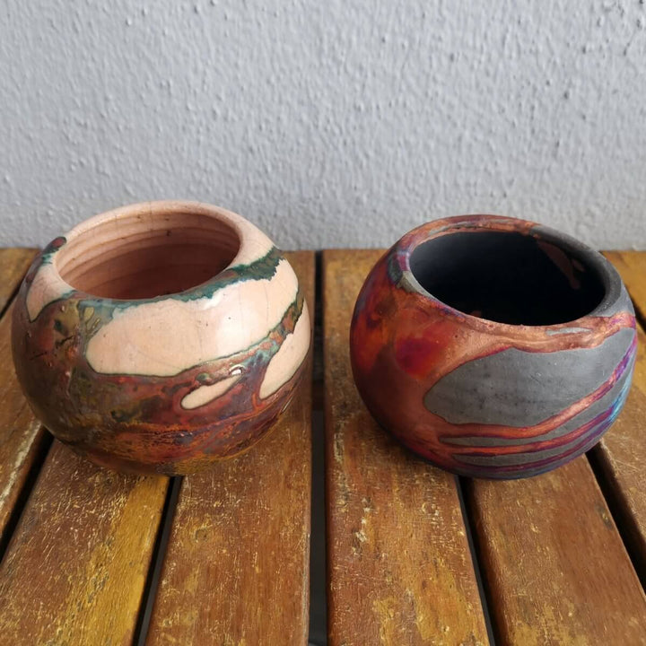 Tsuchi Ceramic Raku Pottery Planter Pot Mixed Finish Set of 2 by RAAQUU