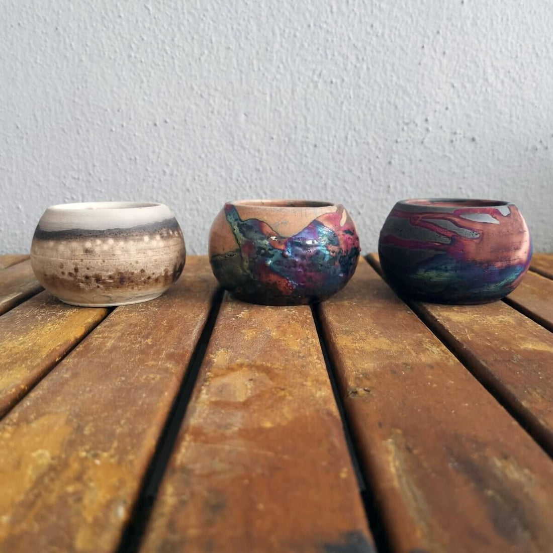 Tsuchi Ceramic Raku Pottery Planter Pot Mixed Finish Set of 3 by RAAQUU