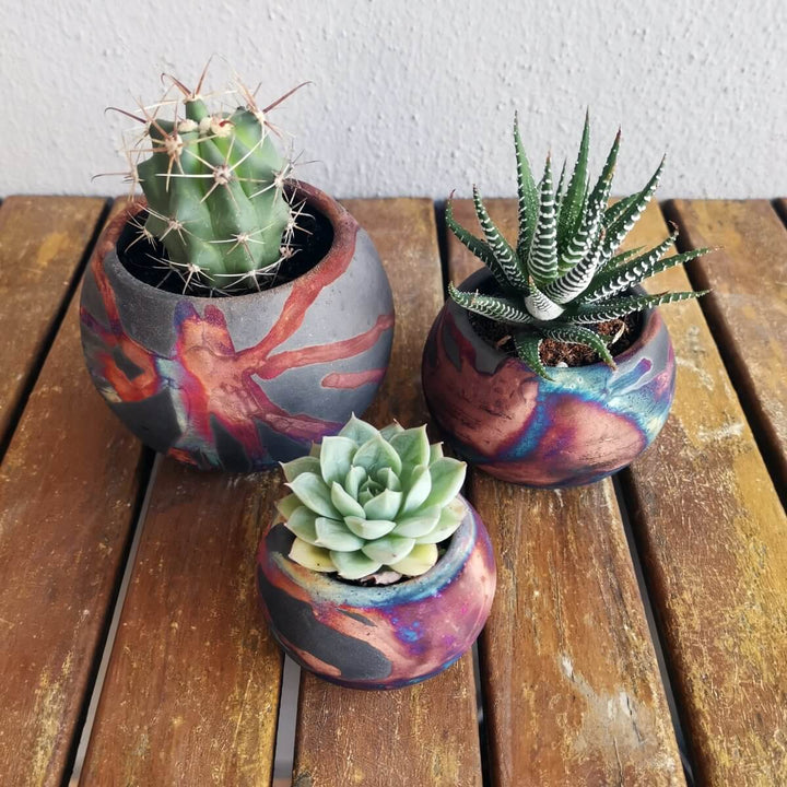 Tsuchi Ceramic Raku Pottery Planter Pot Set of 3 by RAAQUU