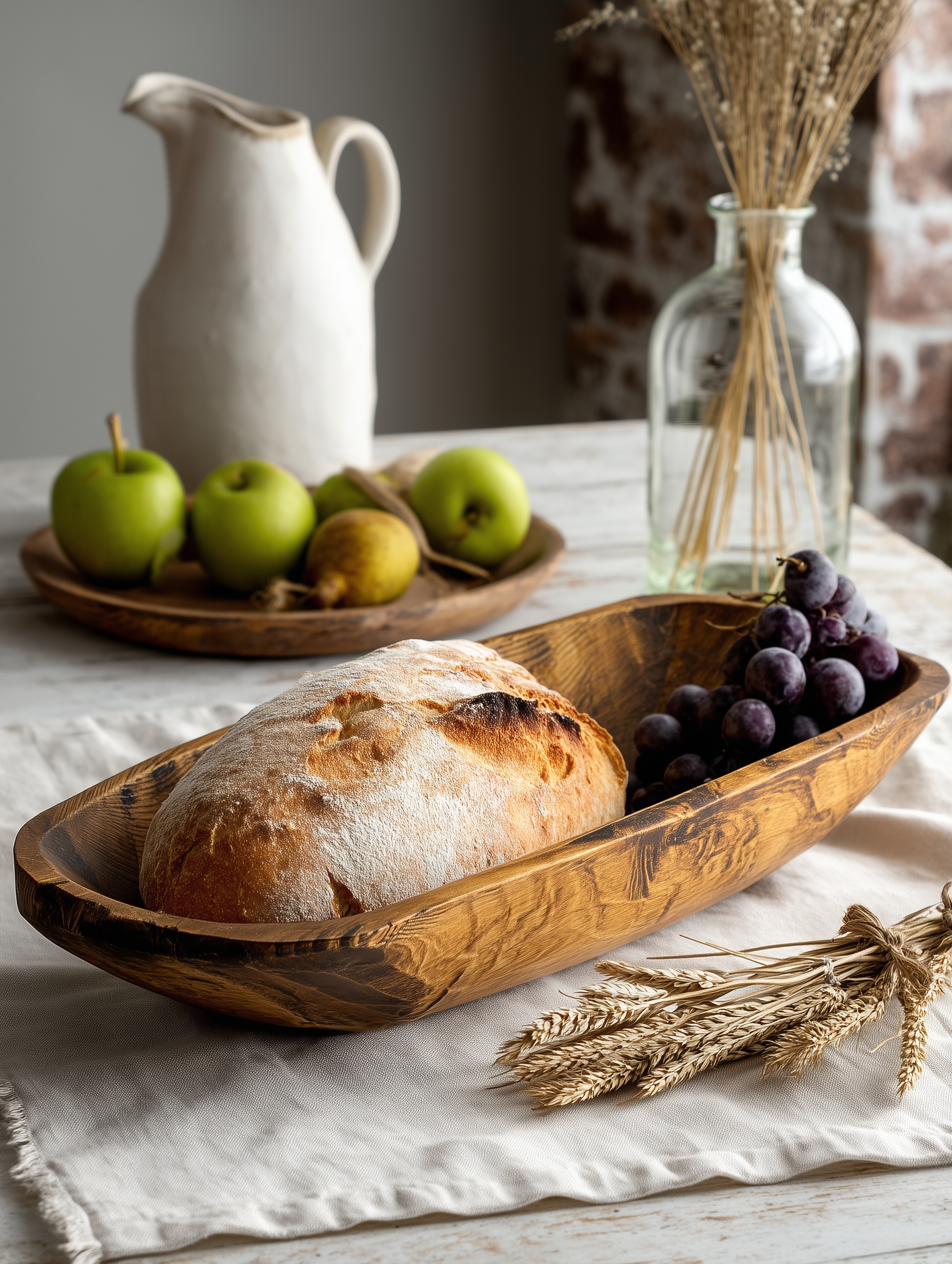 Rustic brown handcarved thin oval centerpiece bowl with bread & grapes