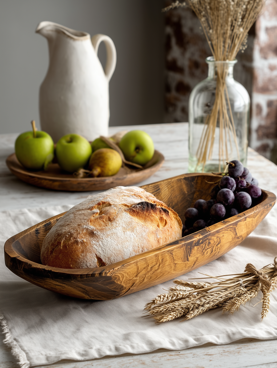 Rustic brown handcarved thin oval centerpiece bowl with bread & grapes