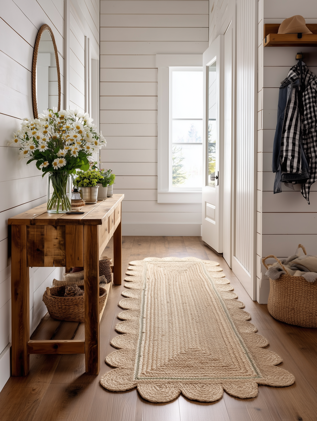 A long natural fiber rug with a scalloped edge is placed in a dimly lit entryway. A dark wood console table with vases and artwork is visible, along with a rustic lantern hanging from the ceiling.