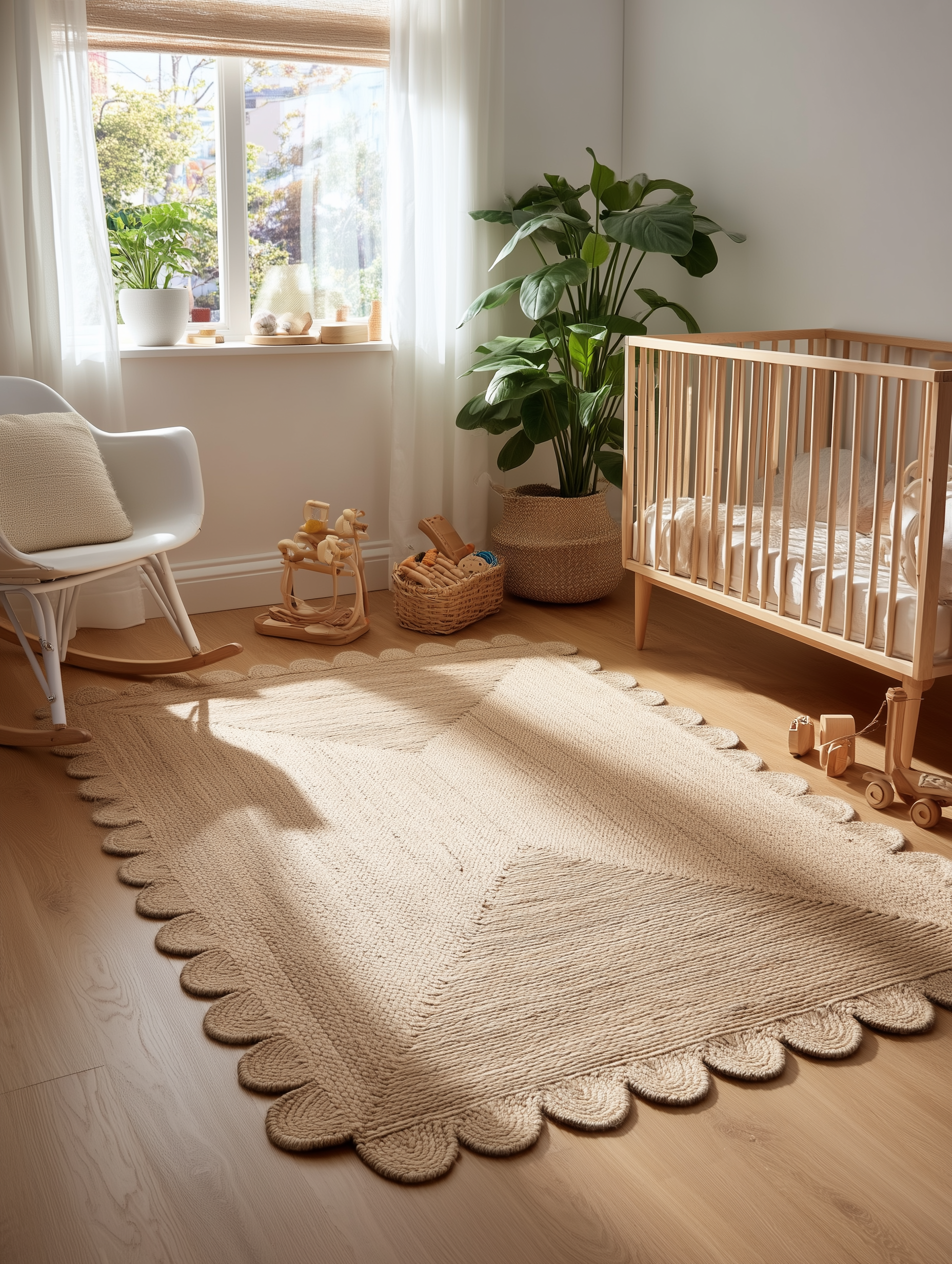 Scalloped rug made of natural jute in a nursery with wooden crib and toys.