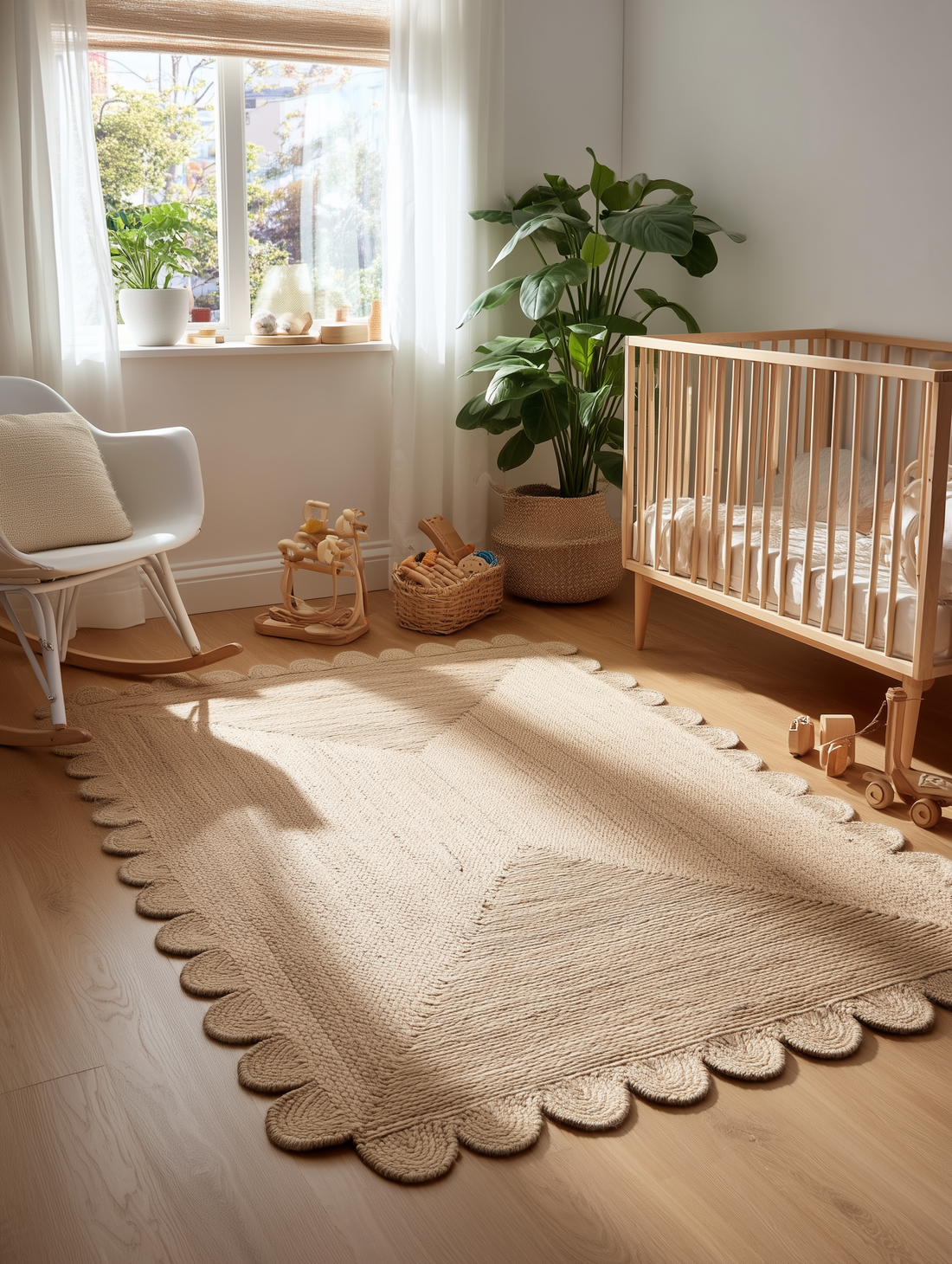 A natural fiber rug with a scalloped edge is placed in a nursery. A wooden crib, rocking chair, and toys are visible in the background.