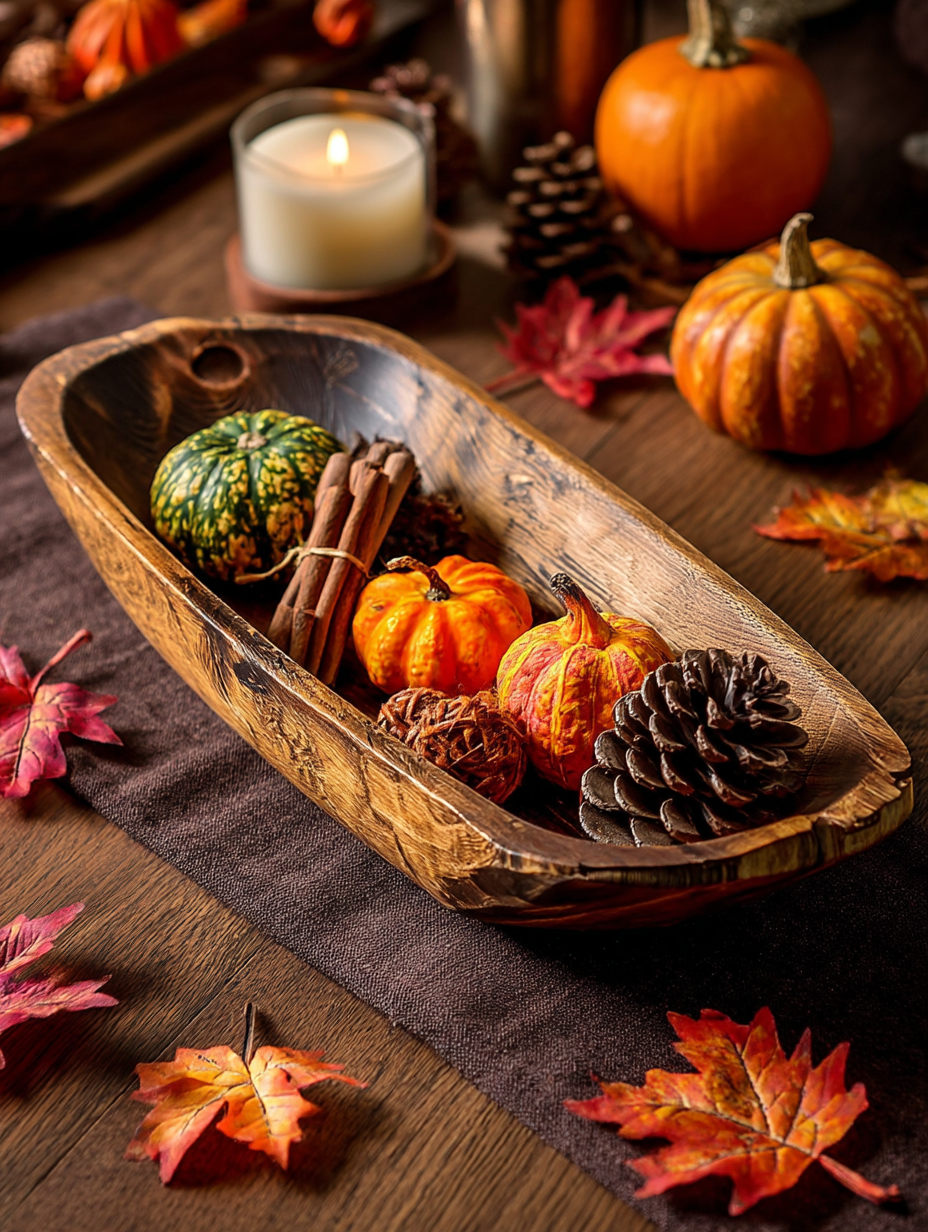 Rustic Brown Handcarved Thin Oval Centerpiece Bowl with pumpkins, pinecones, and cinnamon sticks.