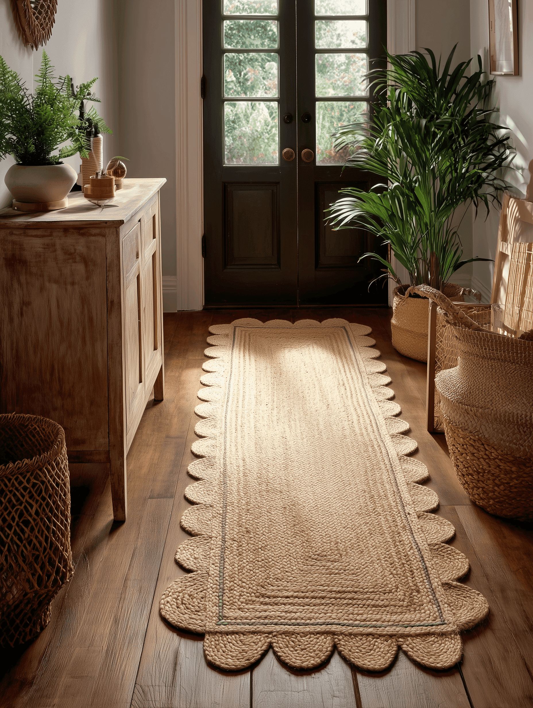 Natural jute scalloped rug runner on wooden floor with plants and rustic cabinet