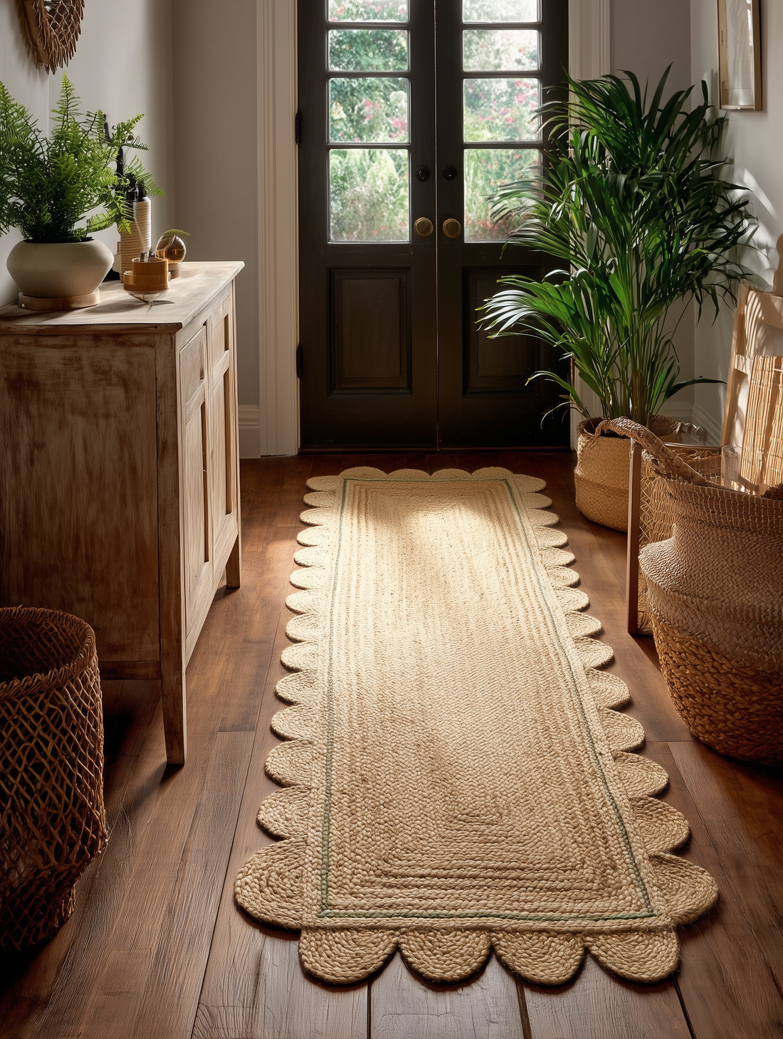 A close-up of a natural fiber rug with a scalloped edge in a hallway. The rug is laid on a wooden floor with a wooden console table and plants in the background.