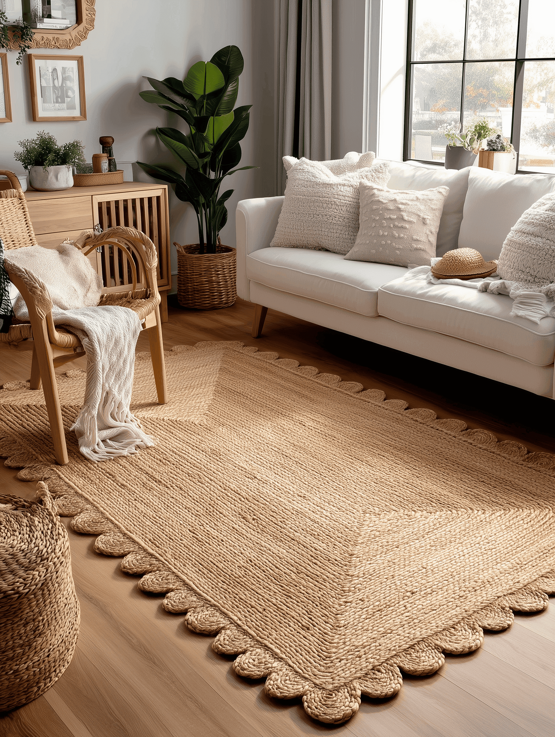 Natural jute rug with scalloped edge, laid on hardwood floor in a living room setting.