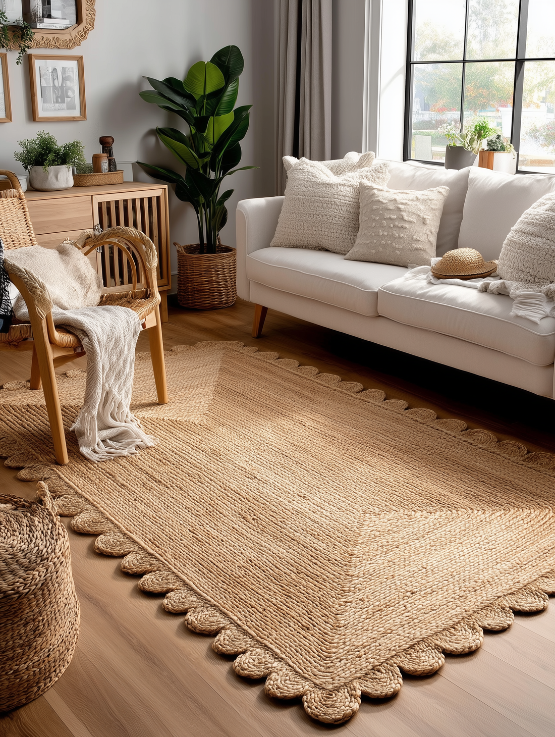 A large natural fiber rug with a scalloped edge is laid out on a wooden floor in a living room. A wicker chair with a throw blanket is placed on the rug, with a white sofa and houseplants in the background.