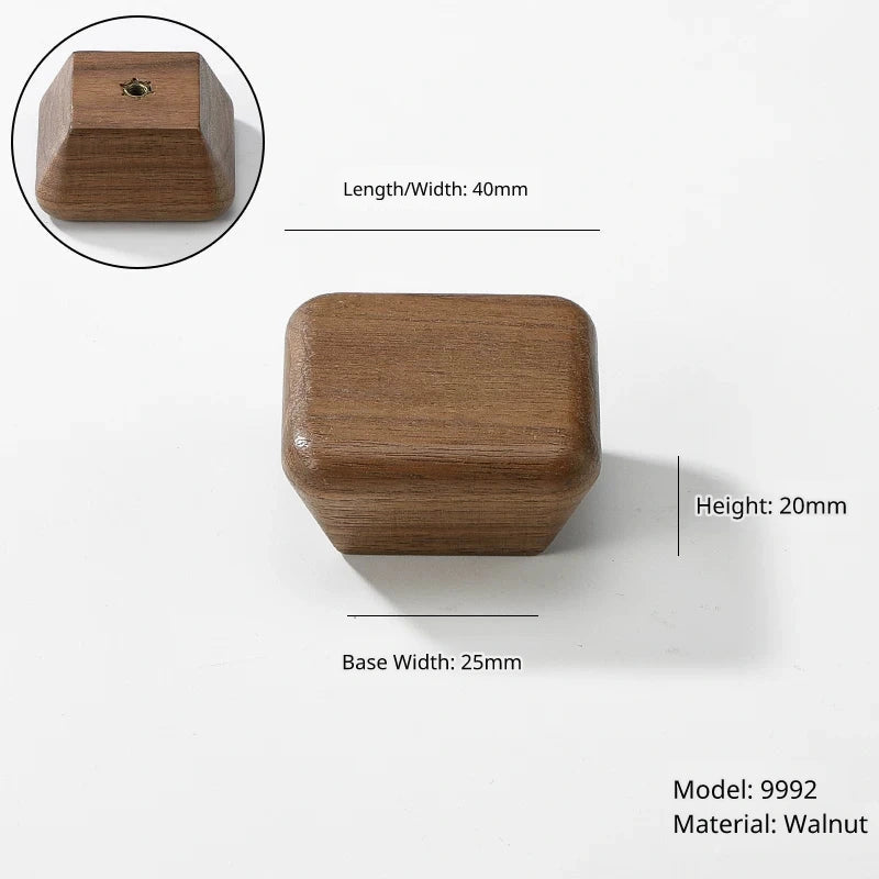 Rectangular wooden knob, 40mm long, 25mm base width, 20mm height, model 9992. Top and side views.
