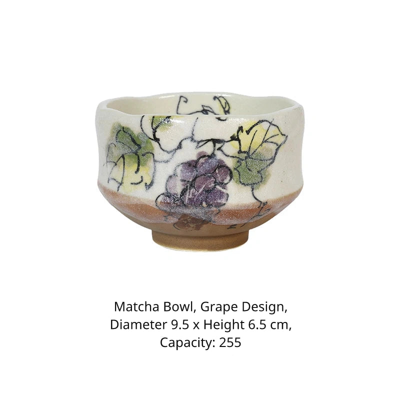 Japanese matcha bowl (chawan) with purple grape design, approx. 9.5cm diameter.