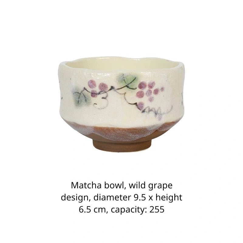 Japanese matcha bowl (chawan) with smaller purple mountain grape design, approx. 9.5cm diameter.