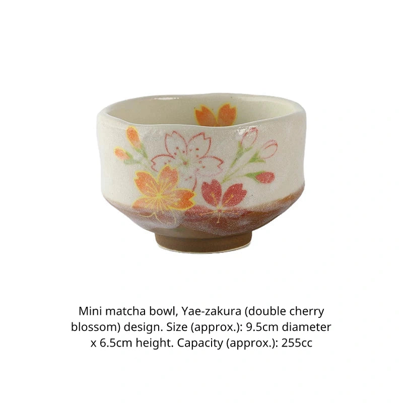 Mini matcha bowl (chawan) with orange and pink double cherry blossom design, approx. 9.5cm.