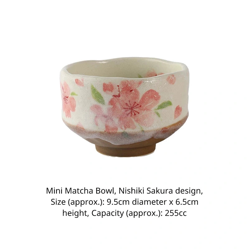 Mini matcha bowl (chawan) with pink cherry blossom design, approx. 9.5cm diameter.